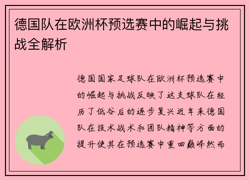 德国队在欧洲杯预选赛中的崛起与挑战全解析