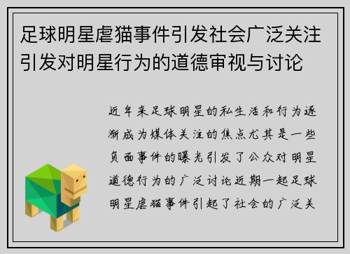 足球明星虐猫事件引发社会广泛关注引发对明星行为的道德审视与讨论